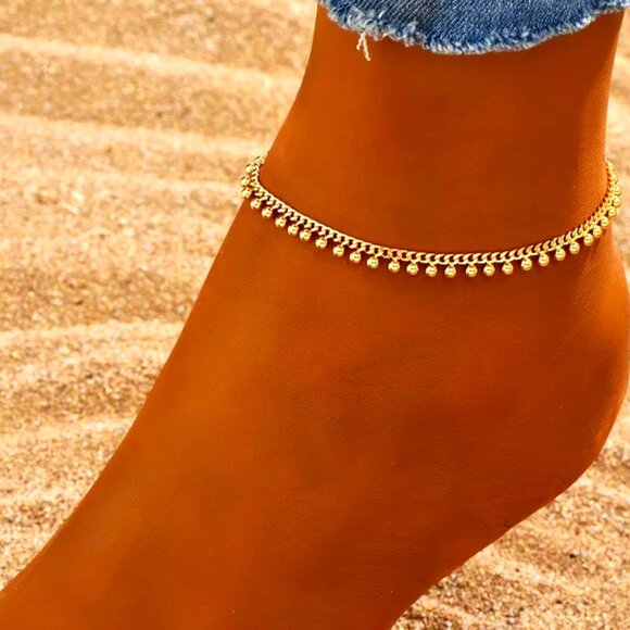 GOLD PLATED ANKLE BRACELET ALL SURROUNDED WITH TINY BALLS ATTACHED - Picture 1 of 2